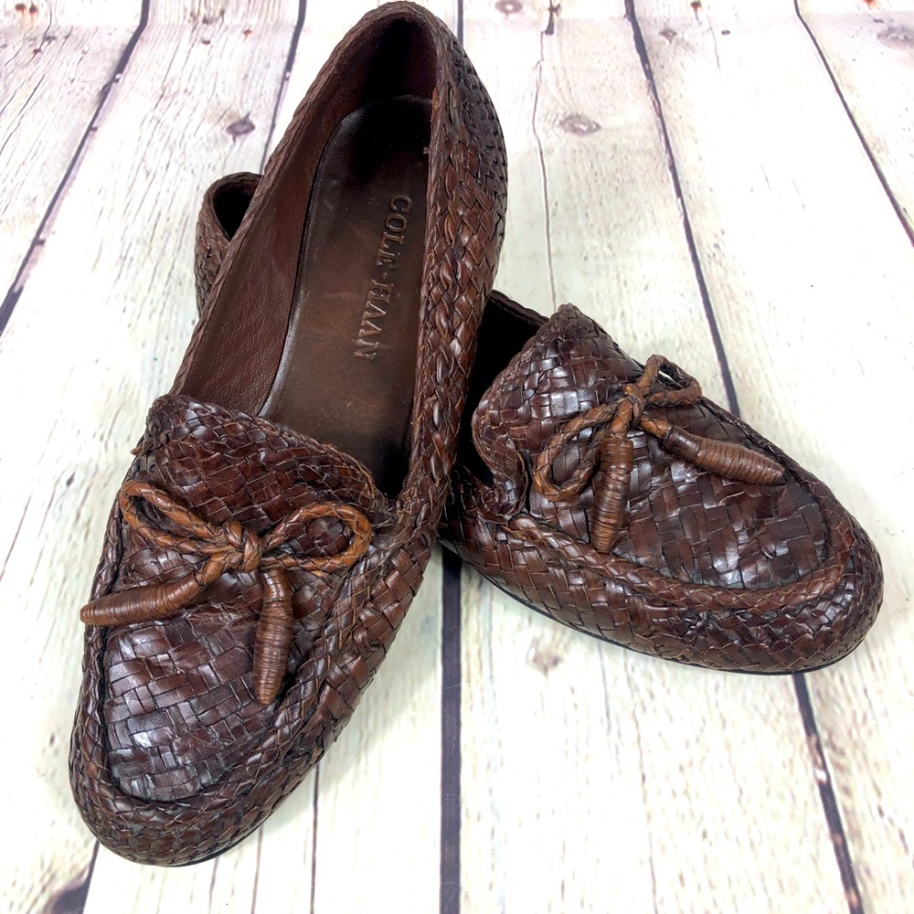 Cole Haan Woven Brown Leather Bow Loafers